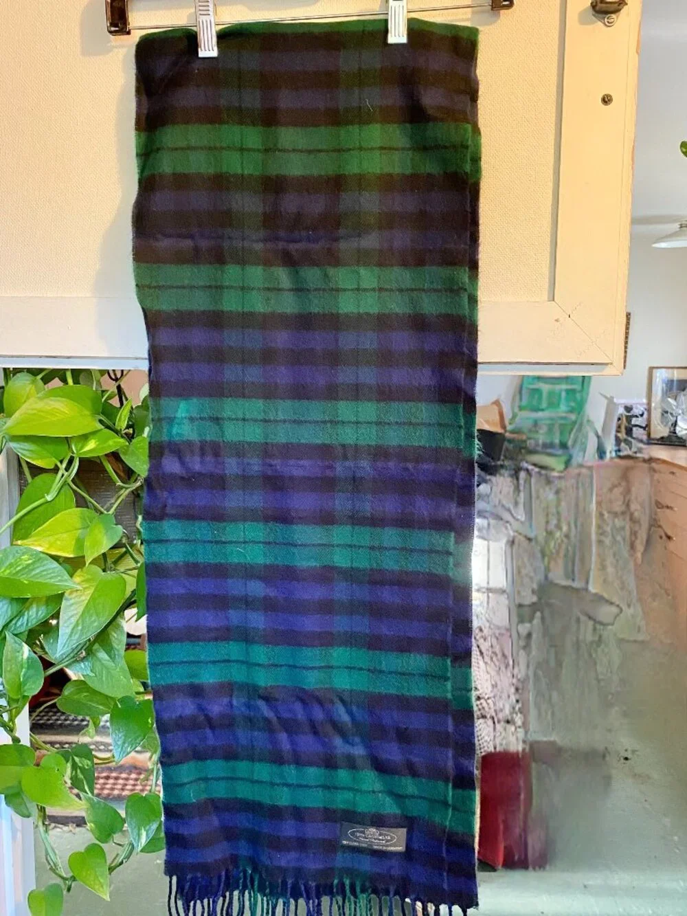 Vintage Hand-Tailored Plaid Scarf Germany 100% Pure Cashmere Tartan Green Blue